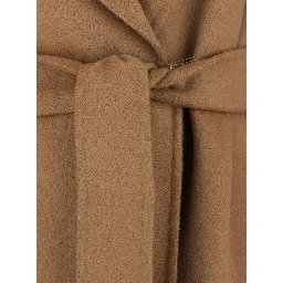 Beige Coat with Wide Notched Revers and Front Belt Closure in Wool and Cashmere Blend for Women