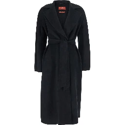 Black Coat with Wide Notched Revers and Front Belt Closure in Wool and Cashmere Blend for Women