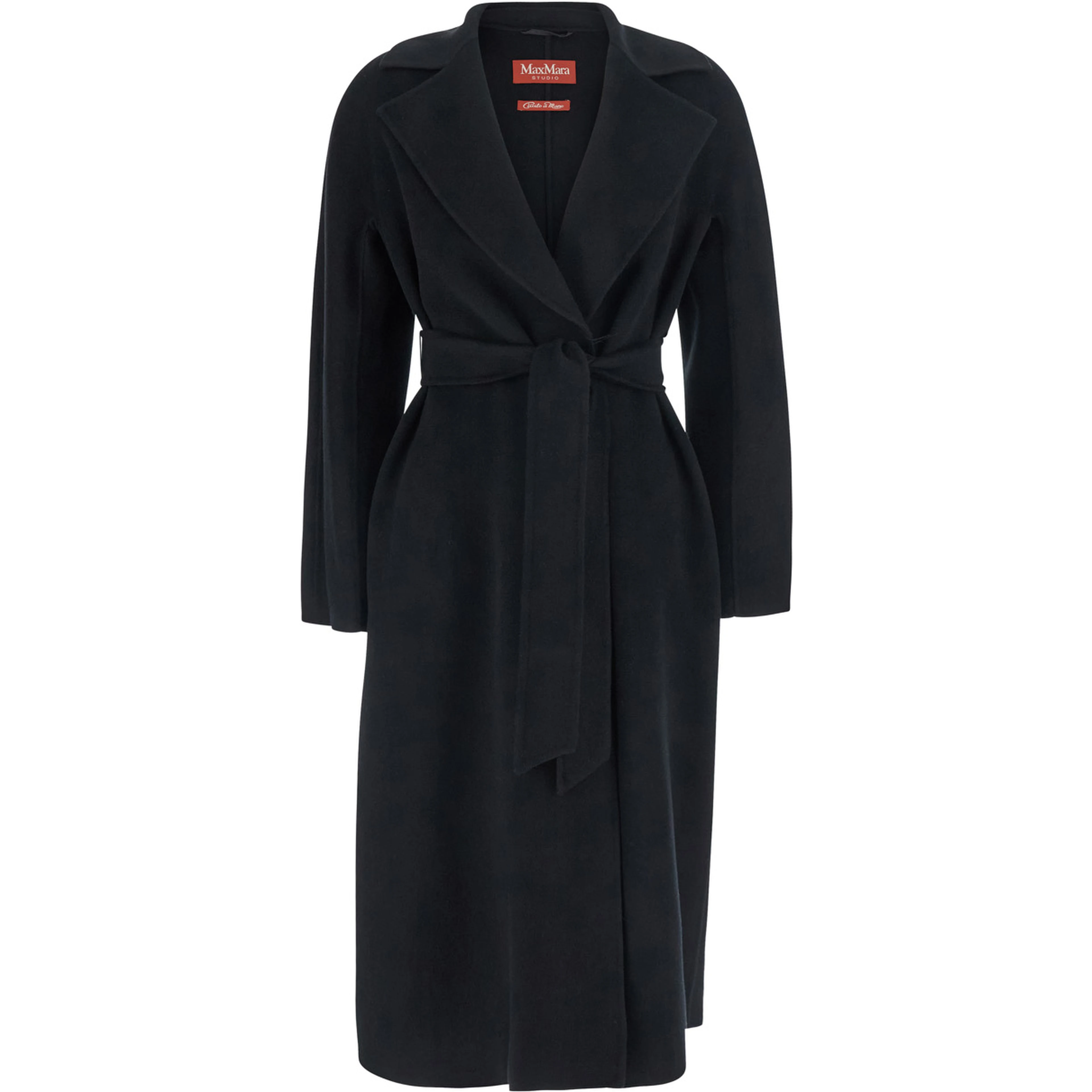 Black Coat with Wide Notched Revers and Front Belt Closure in Wool and Cashmere Blend for Women