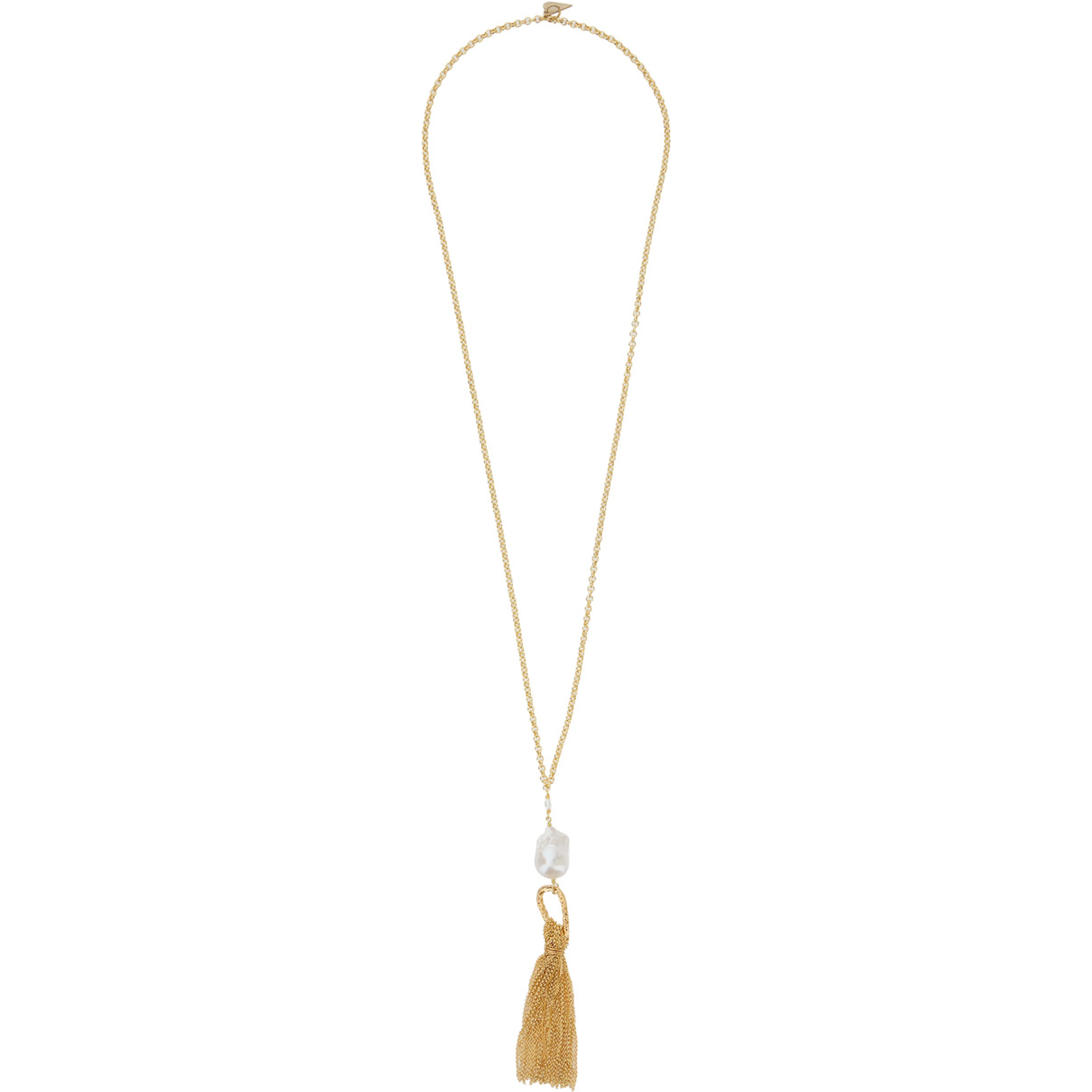 Sculptural necklace with fringes and metallic pearls for women