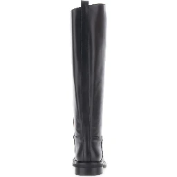 Black Leather Round Toe Slip-On Boots for Women