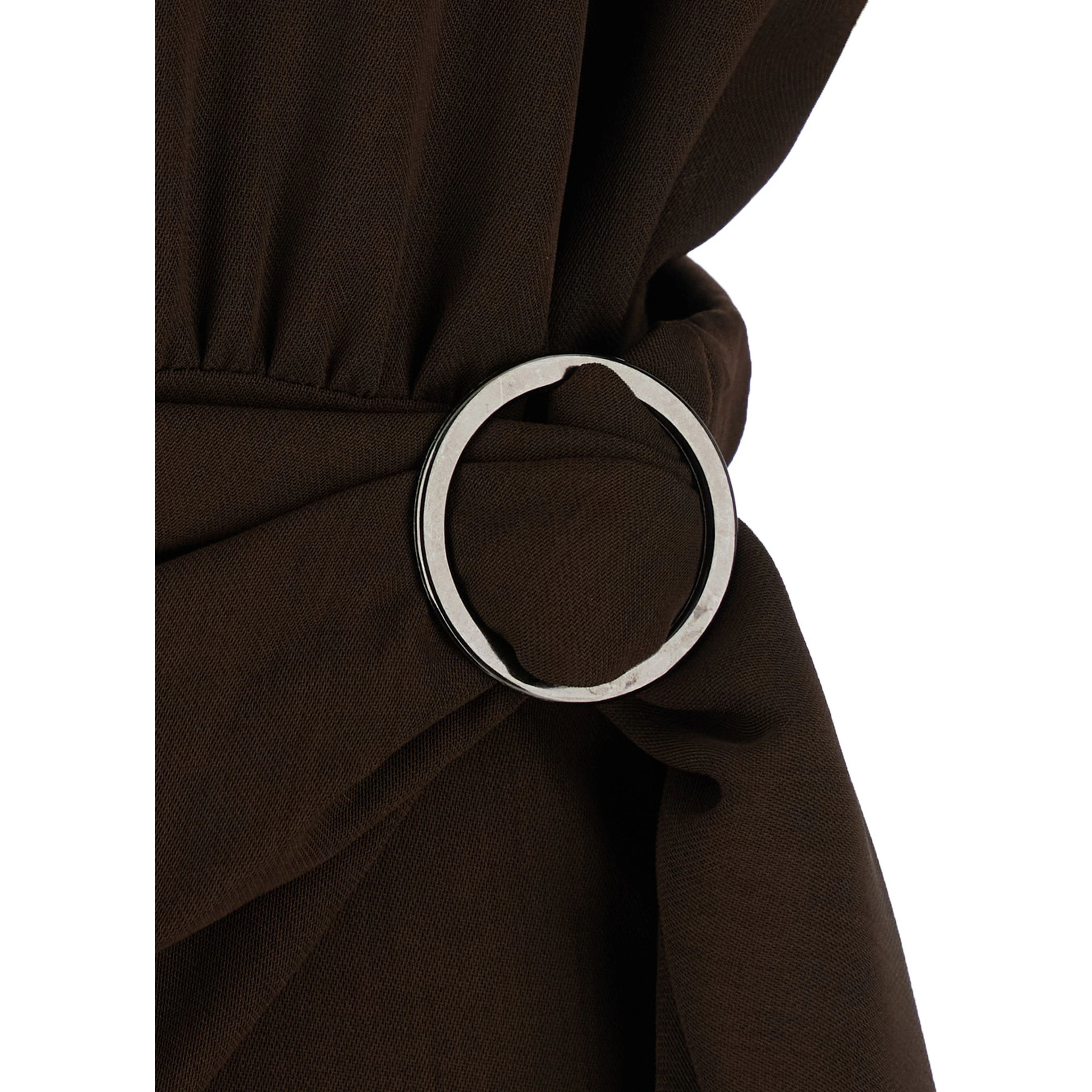 Brown High-Neck Dress with Front Buckle Belt in Fabric for Women