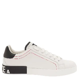 Low Sneakers Portofino with Applied Logo and Contrasting Stitching in Smooth White Leather for Men