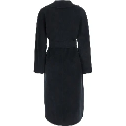 Black Coat with Wide Notched Revers and Front Belt Closure in Wool and Cashmere Blend for Women