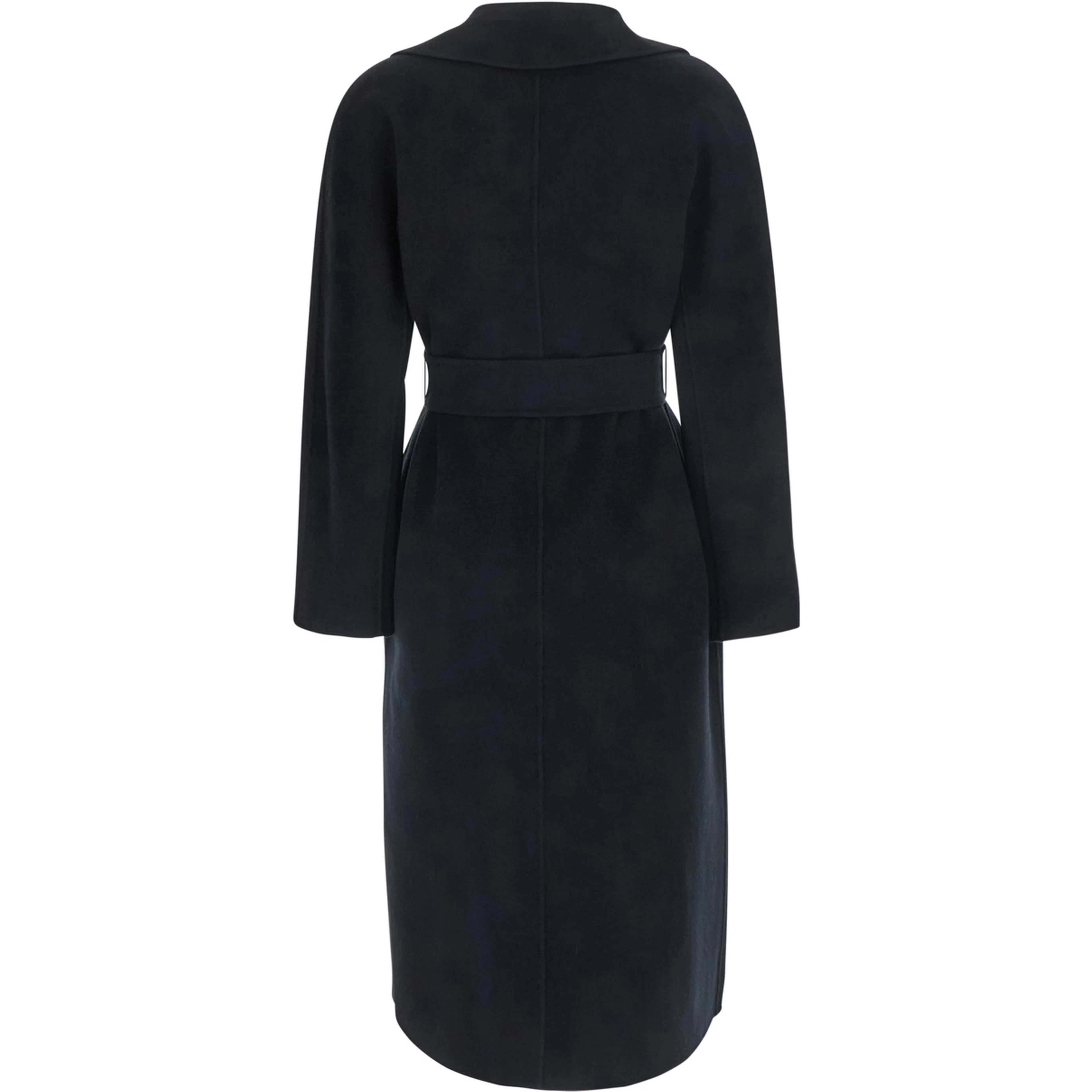 Black Coat with Wide Notched Revers and Front Belt Closure in Wool and Cashmere Blend for Women