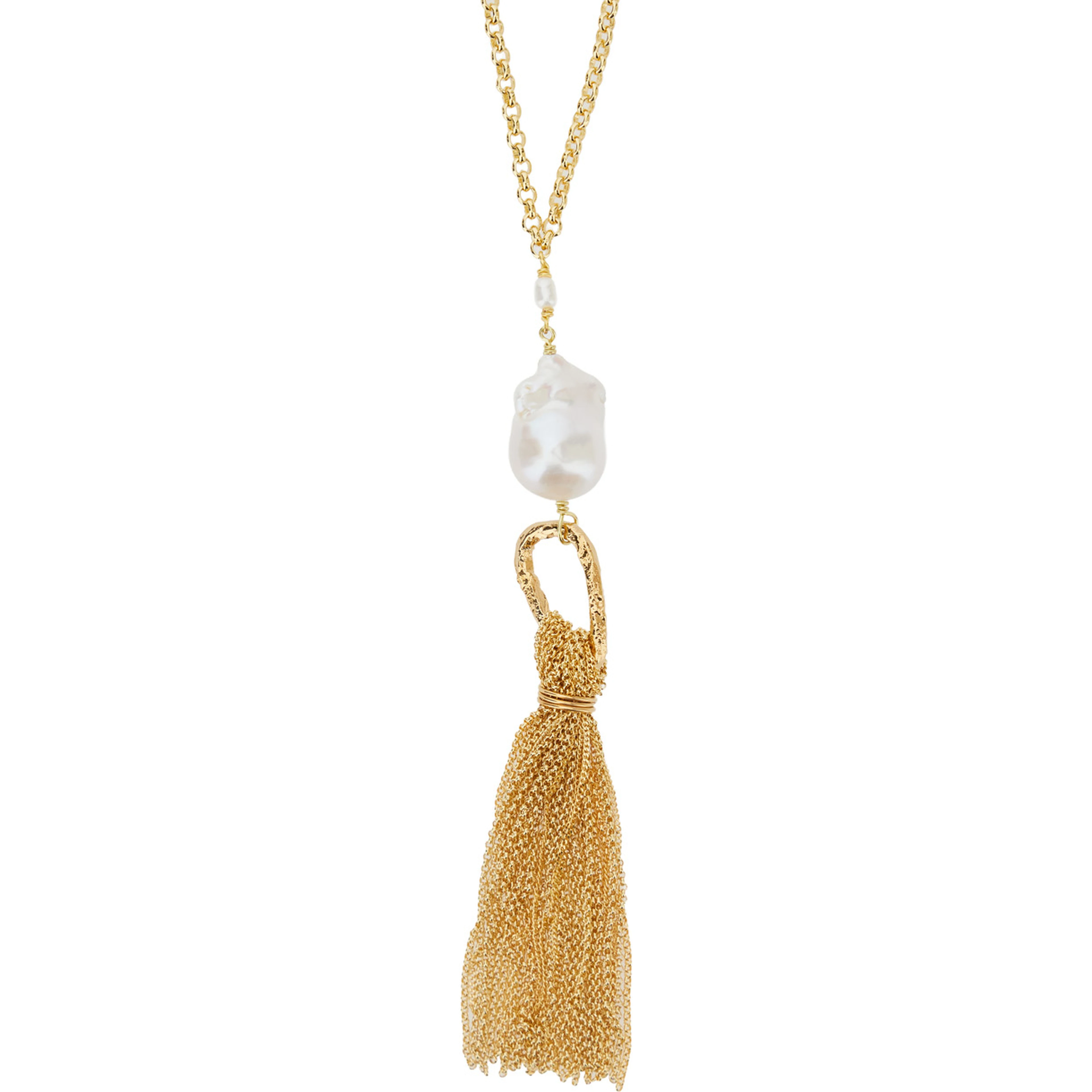 Sculptural necklace with fringes and metallic pearls for women