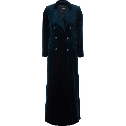 Blue long double-breasted coat with Peak revers in velvet for women
