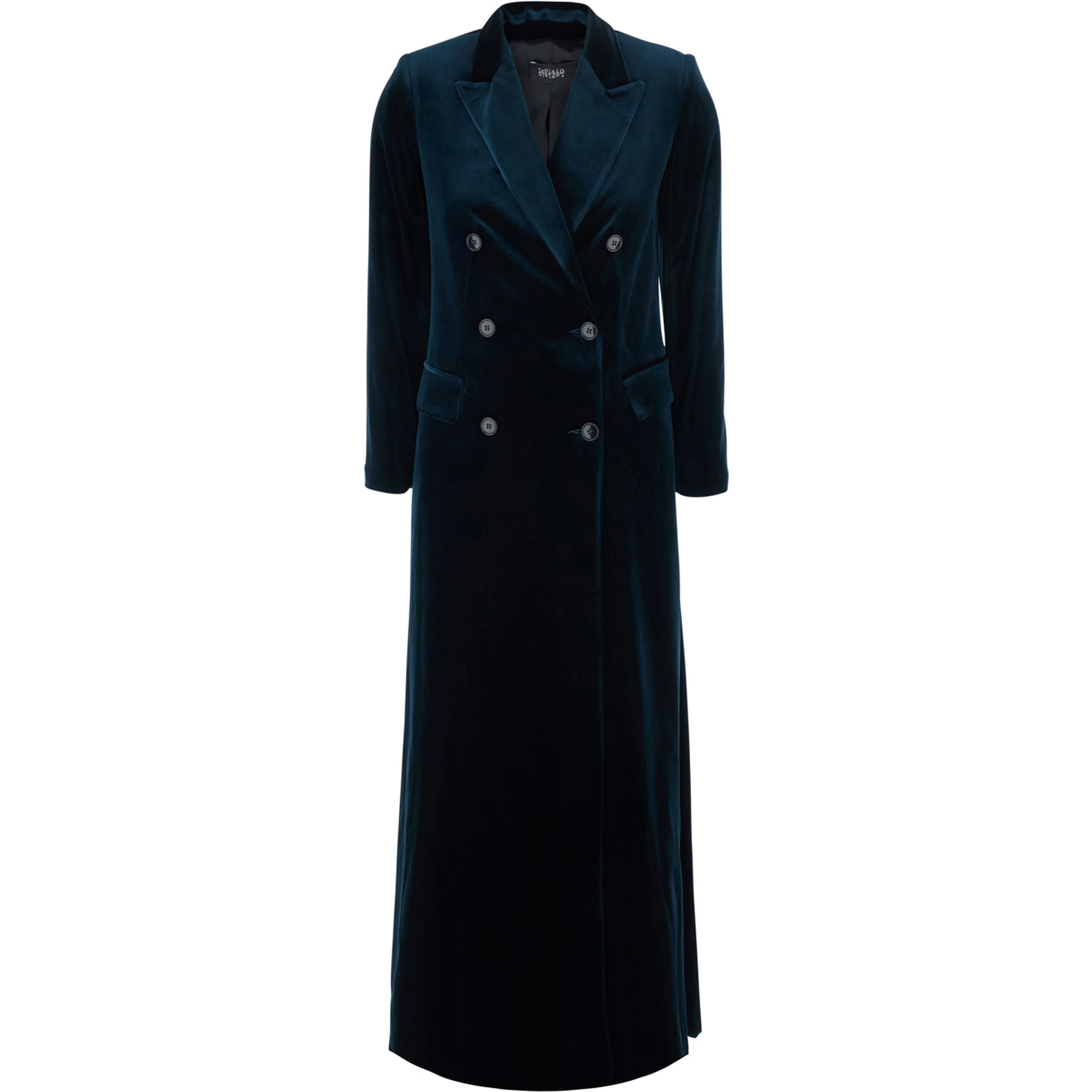Blue long double-breasted coat with Peak revers in velvet for women