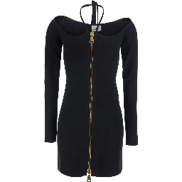 Black Mini Dress with Front Zip and Adjustable Neck Tie in Blend Viscose for Women