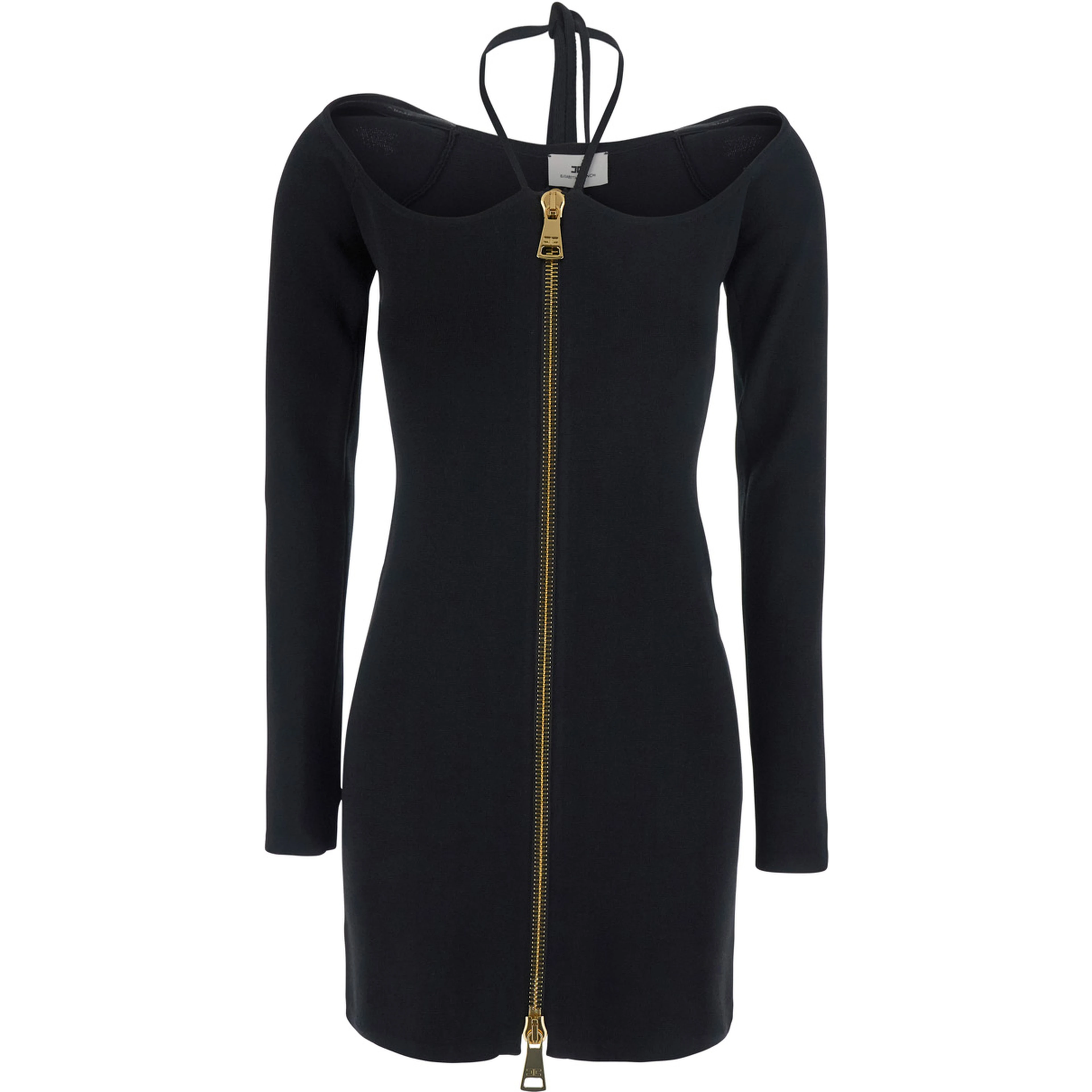 Black Mini Dress with Front Zip and Adjustable Neck Tie in Blend Viscose for Women