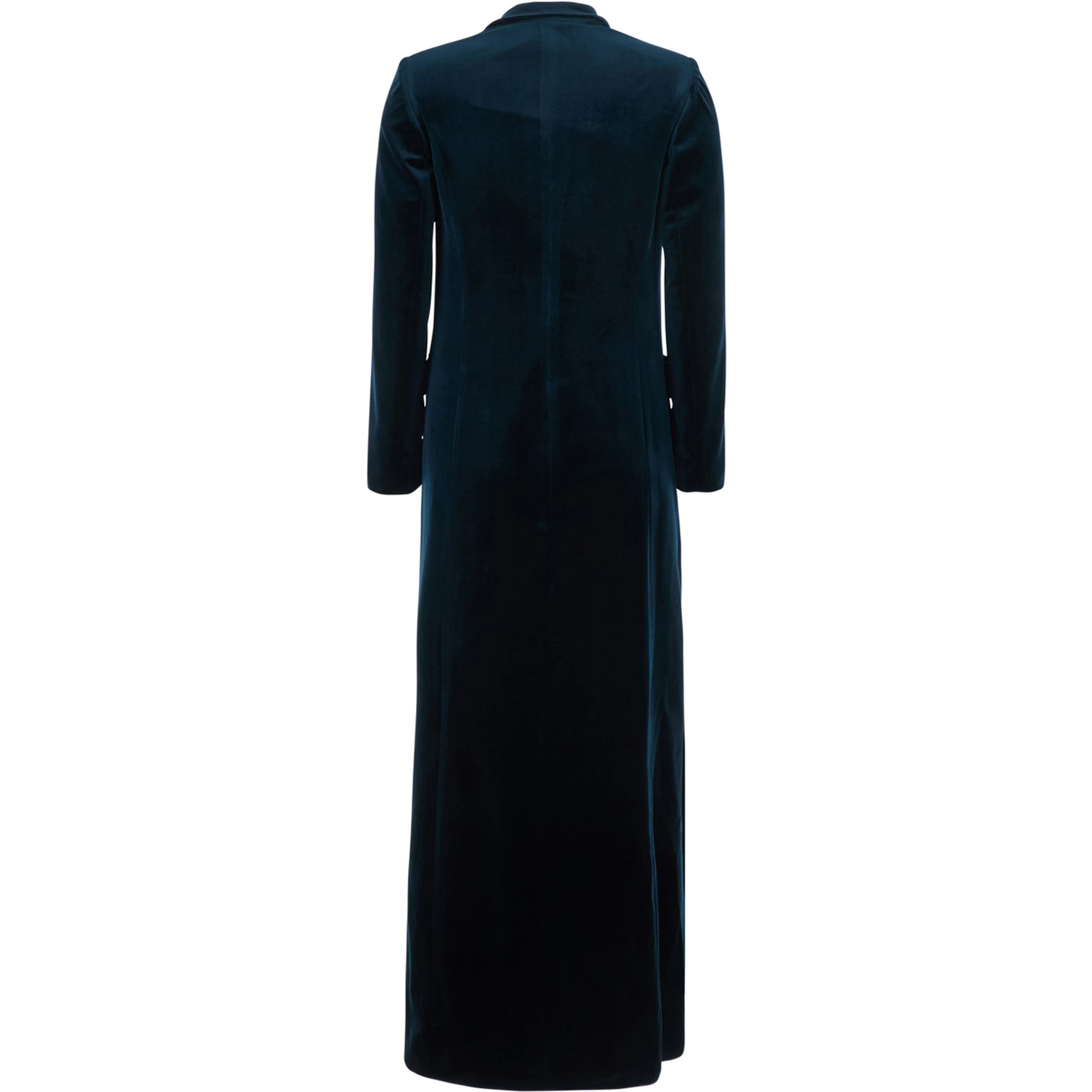 Blue long double-breasted coat with Peak revers in velvet for women