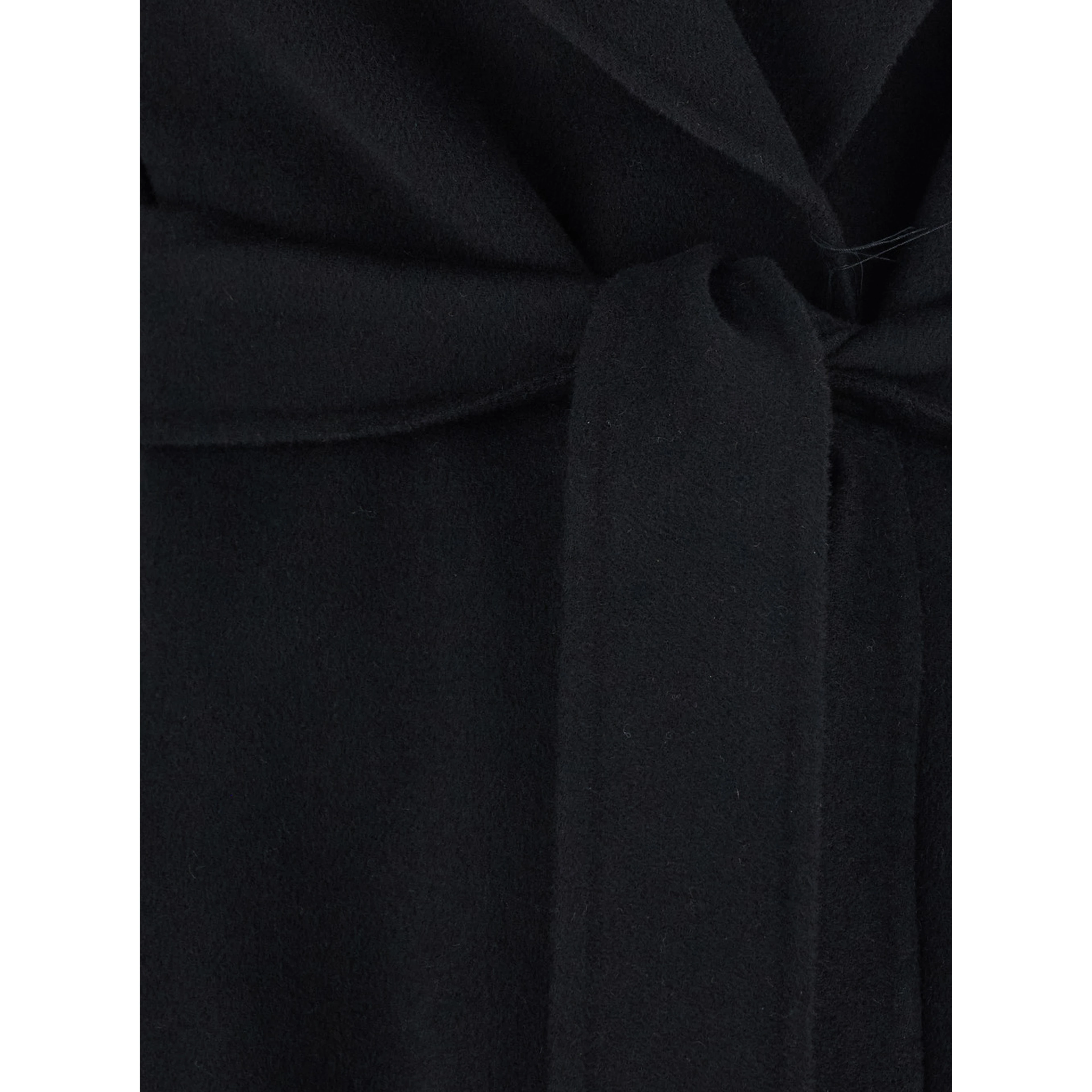 Black Coat with Wide Notched Revers and Front Belt Closure in Wool and Cashmere Blend for Women