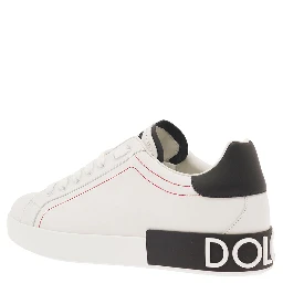 Low Sneakers Portofino with Applied Logo and Contrasting Stitching in Smooth White Leather for Men