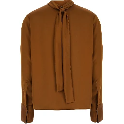 Brown High Neck Blouse with Bow on the Back in Satin for Women
