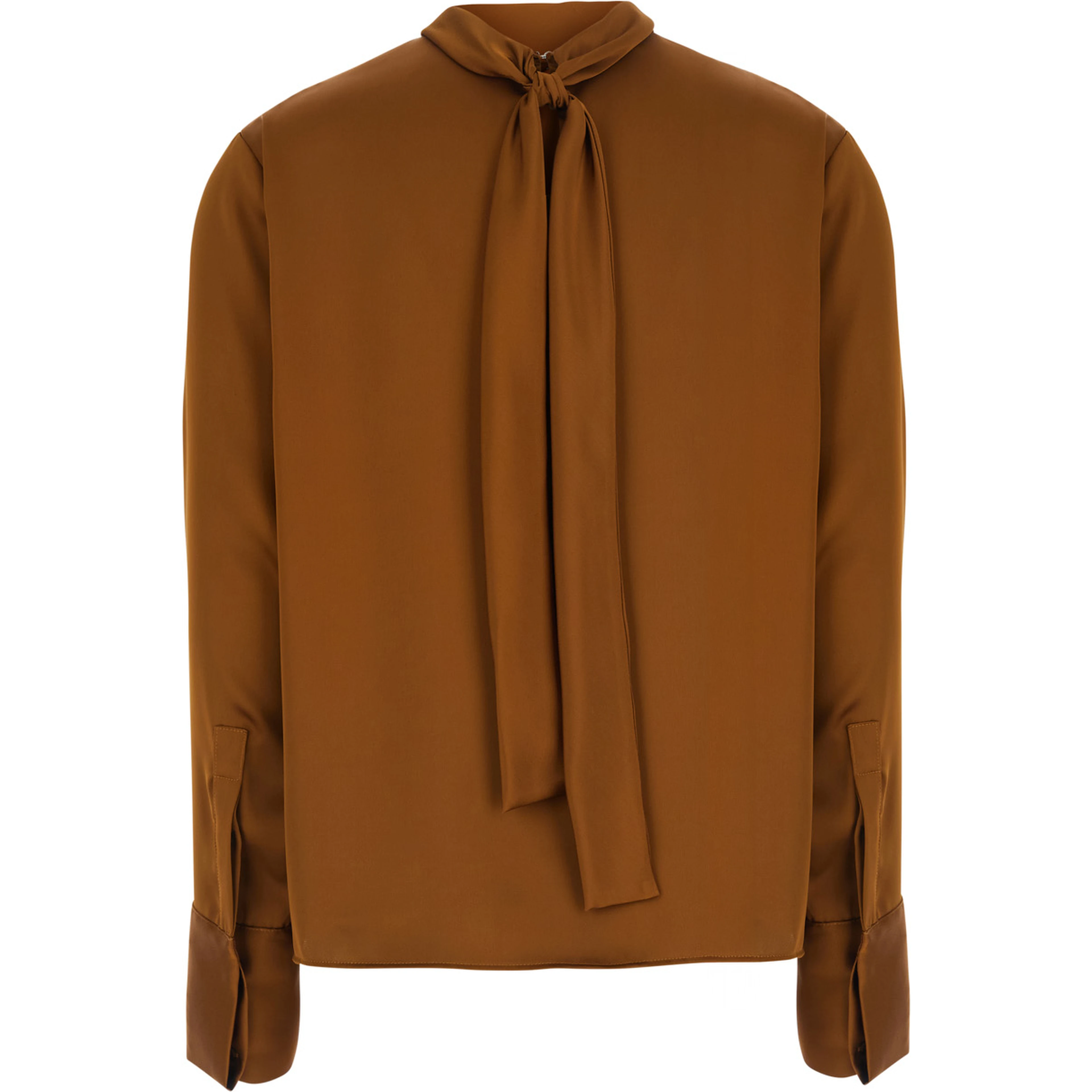 Brown High Neck Blouse with Bow on the Back in Satin for Women