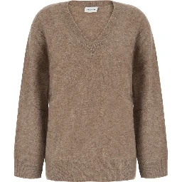 Beige V-Neck Sweater with Long Sleeves in wool for Women