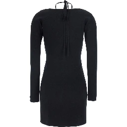 Black Mini Dress with Front Zip and Adjustable Neck Tie in Blend Viscose for Women