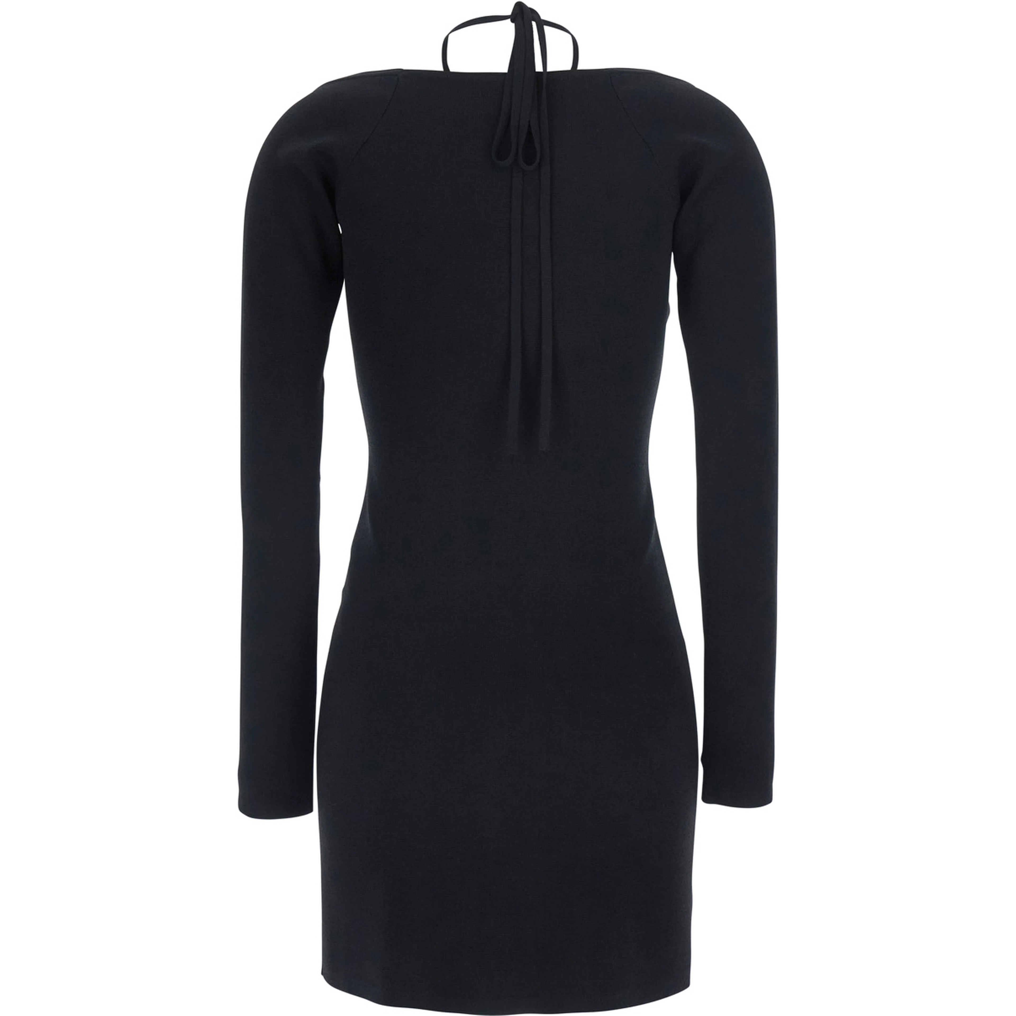 Black Mini Dress with Front Zip and Adjustable Neck Tie in Blend Viscose for Women