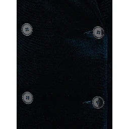 Blue long double-breasted coat with Peak revers in velvet for women
