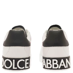 Low Sneakers Portofino with Applied Logo and Contrasting Stitching in Smooth White Leather for Men