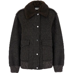 Brown Jacket with removable fur collar in wool for women