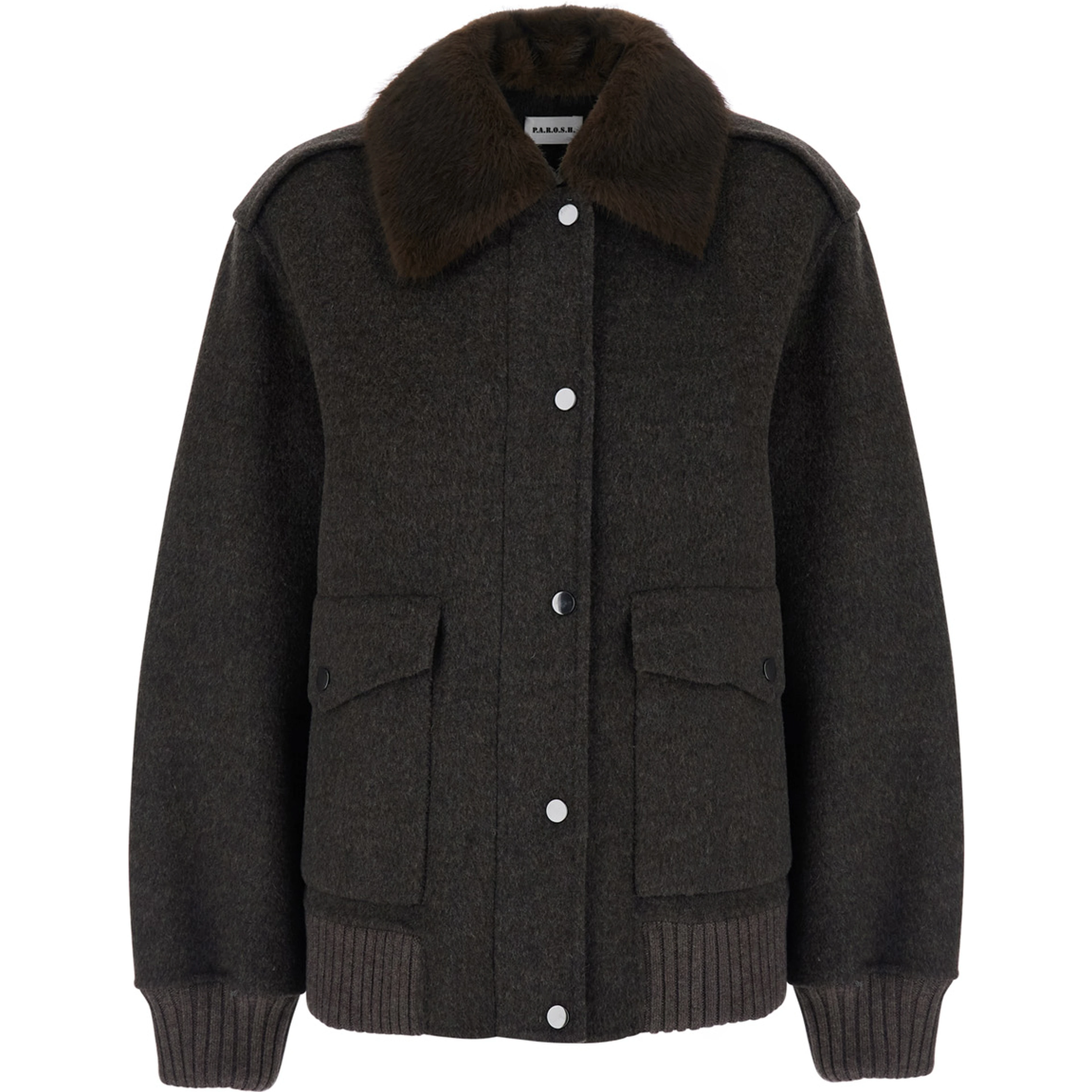 Brown Jacket with removable fur collar in wool for women