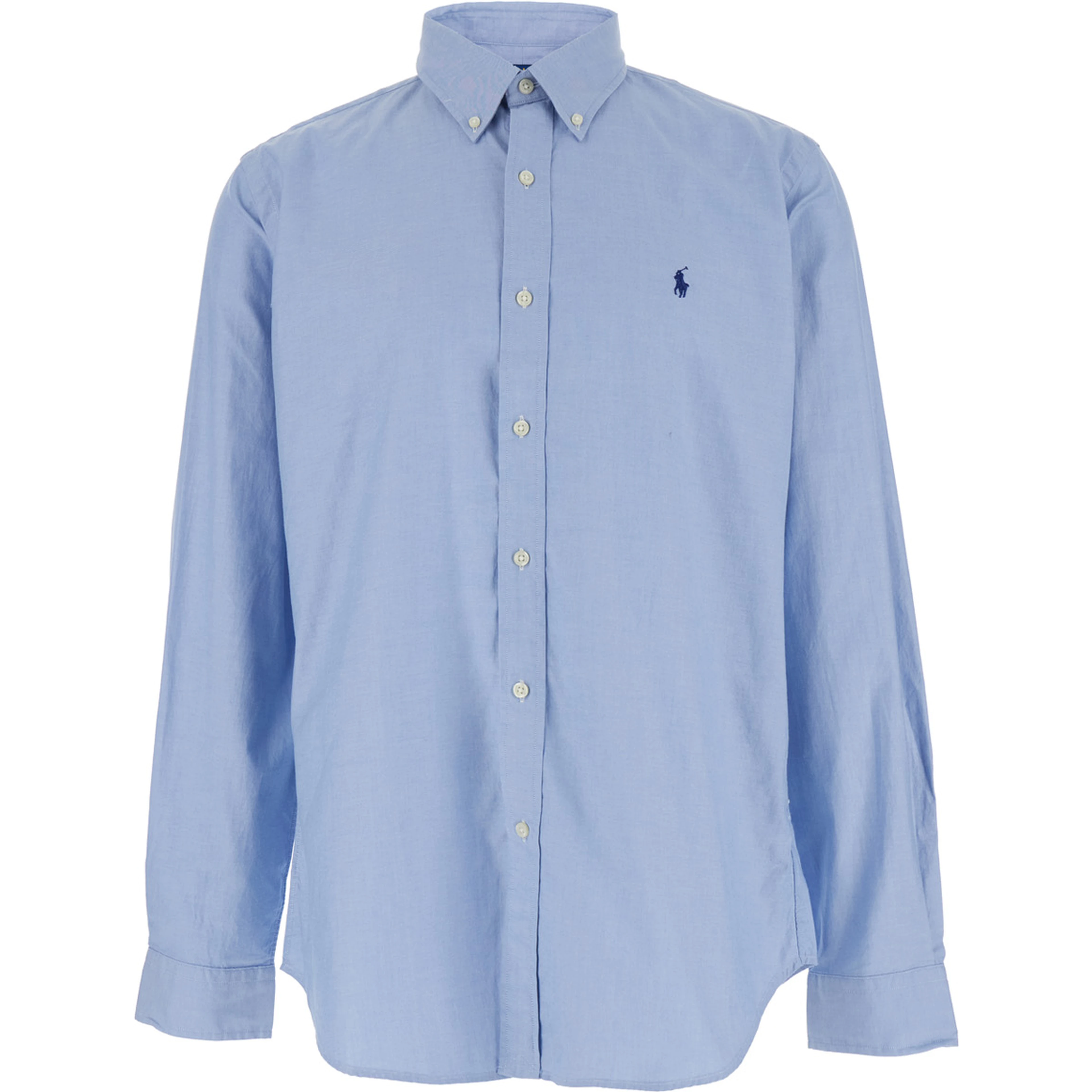 Light Blue Shirt Custom Fit with Button Down Collar and Pony Embroidery on the Front in Cotton for Men