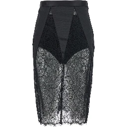 Black pencil skirt with lace embroidery and back closure in fabric for women
