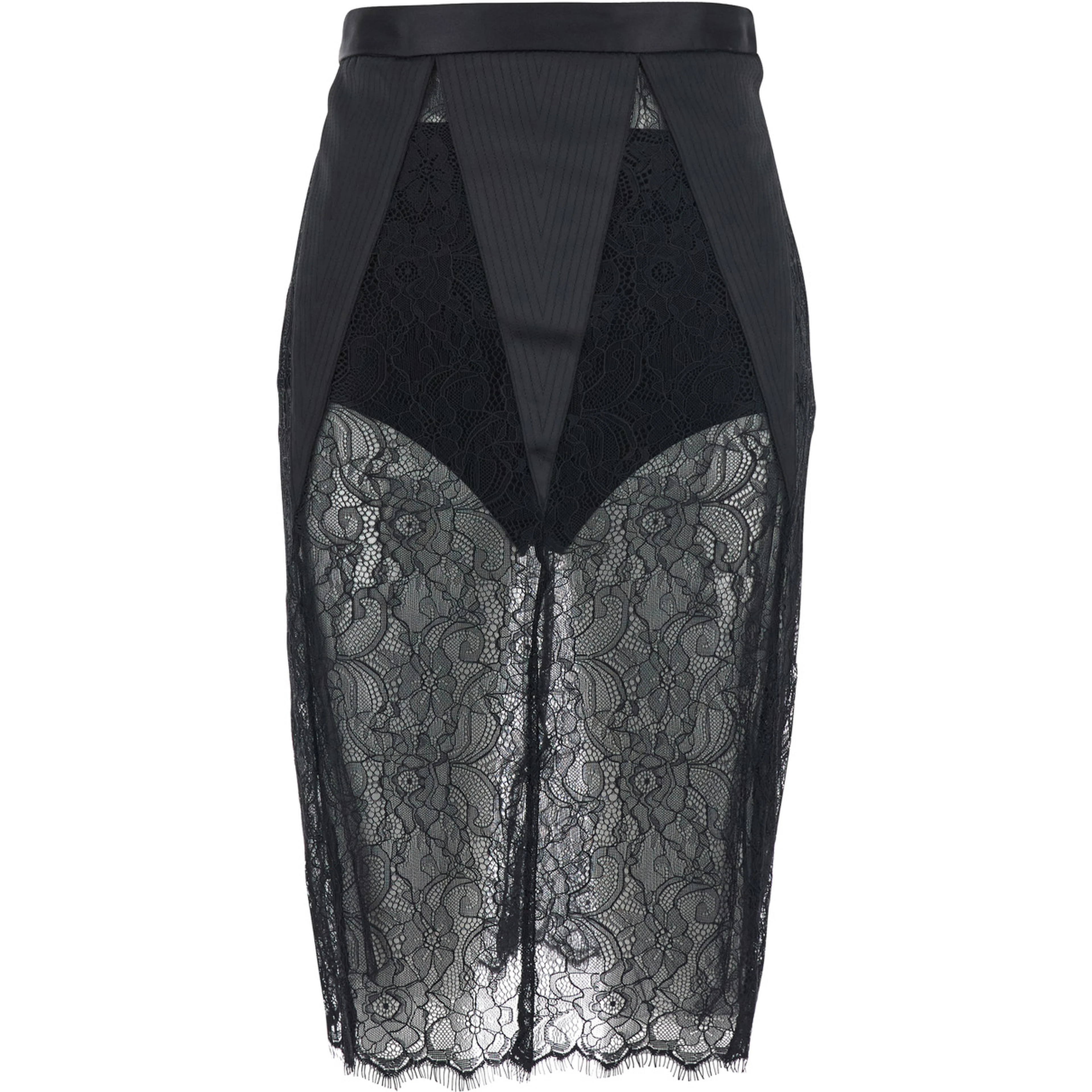 Black pencil skirt with lace embroidery and back closure in fabric for women