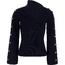 Black Sweater with asymmetrical high collar and jewel buttons on the sleeves in Blend viscose for women
