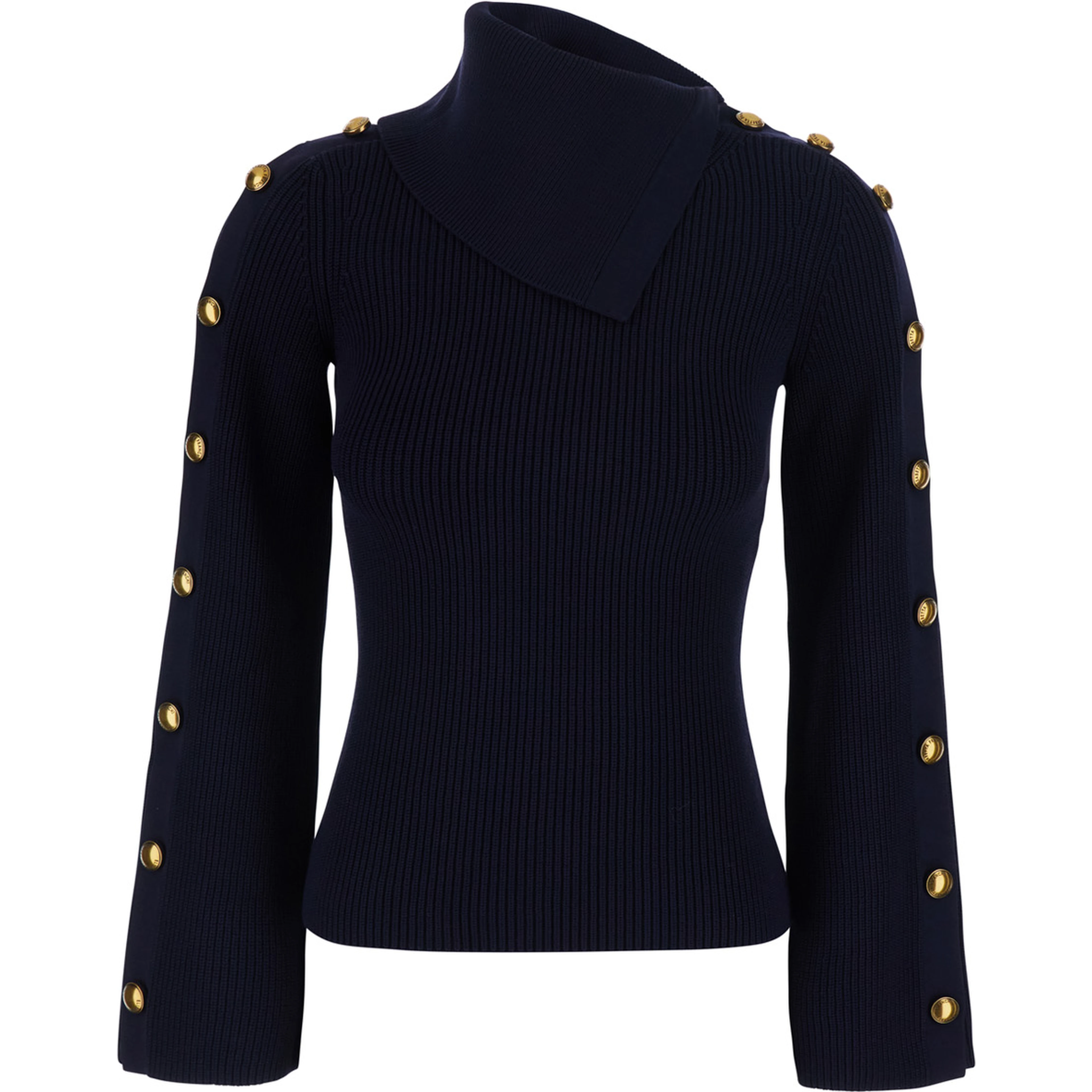 Black Sweater with asymmetrical high collar and jewel buttons on the sleeves in Blend viscose for women