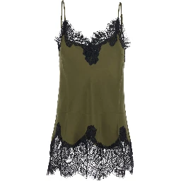 Green Top with adjustable spaghetti straps and lace details in fabric for women