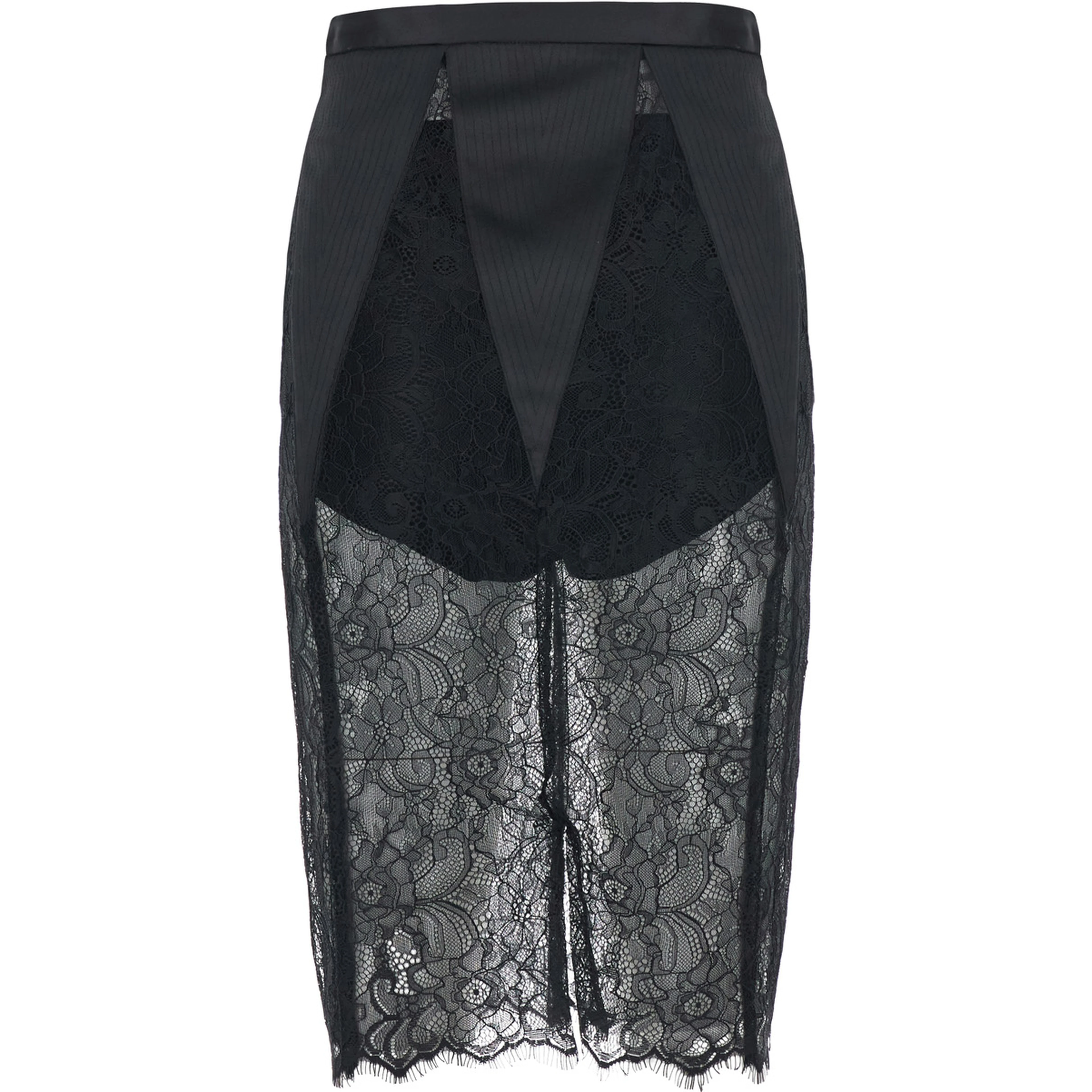 Black pencil skirt with lace embroidery and back closure in fabric for women