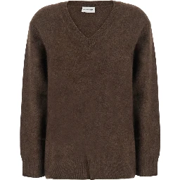 Brown V-Neck Sweater with Long Sleeves in wool for Women