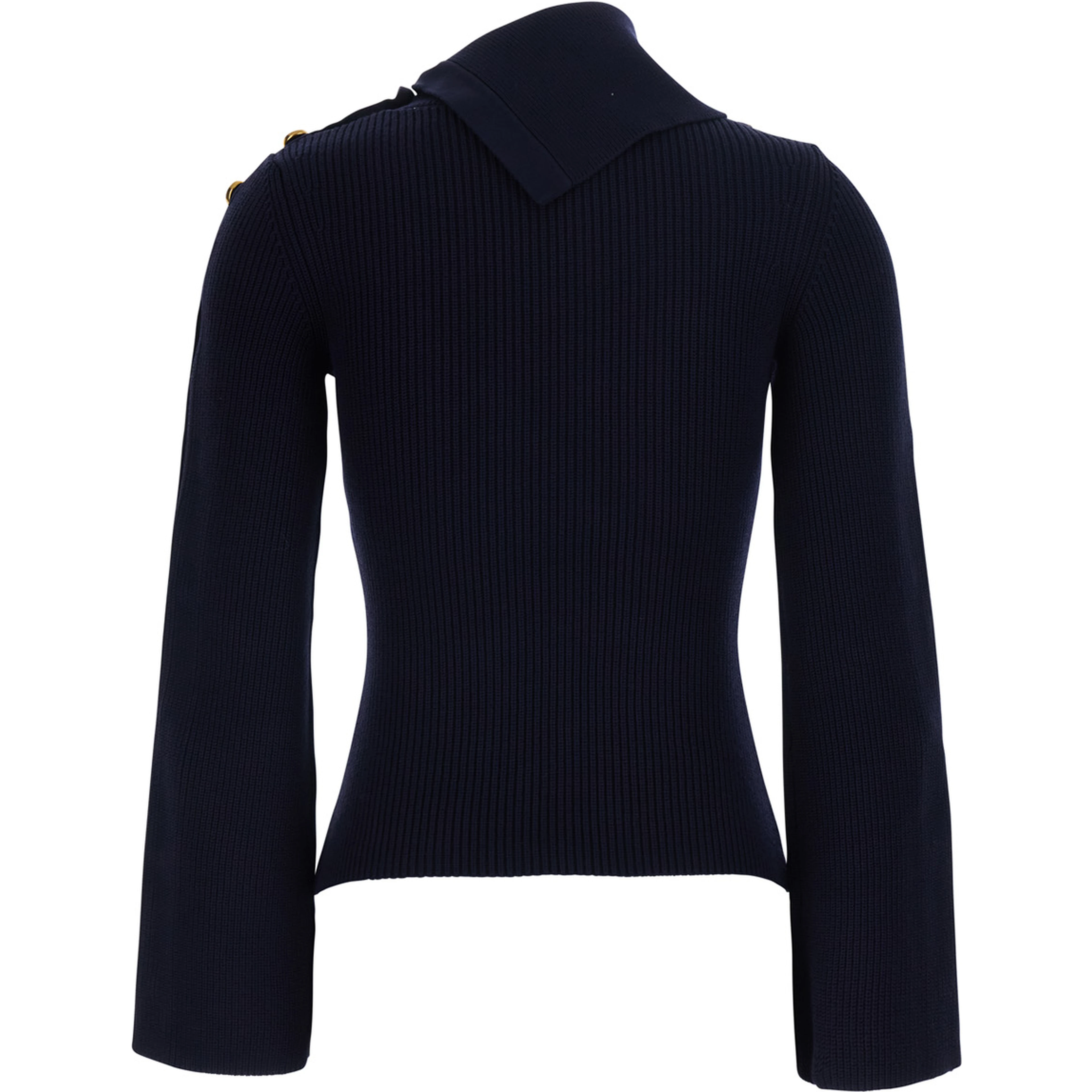 Black Sweater with asymmetrical high collar and jewel buttons on the sleeves in Blend viscose for women