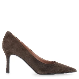 Brown pointed toe pumps in suede for women