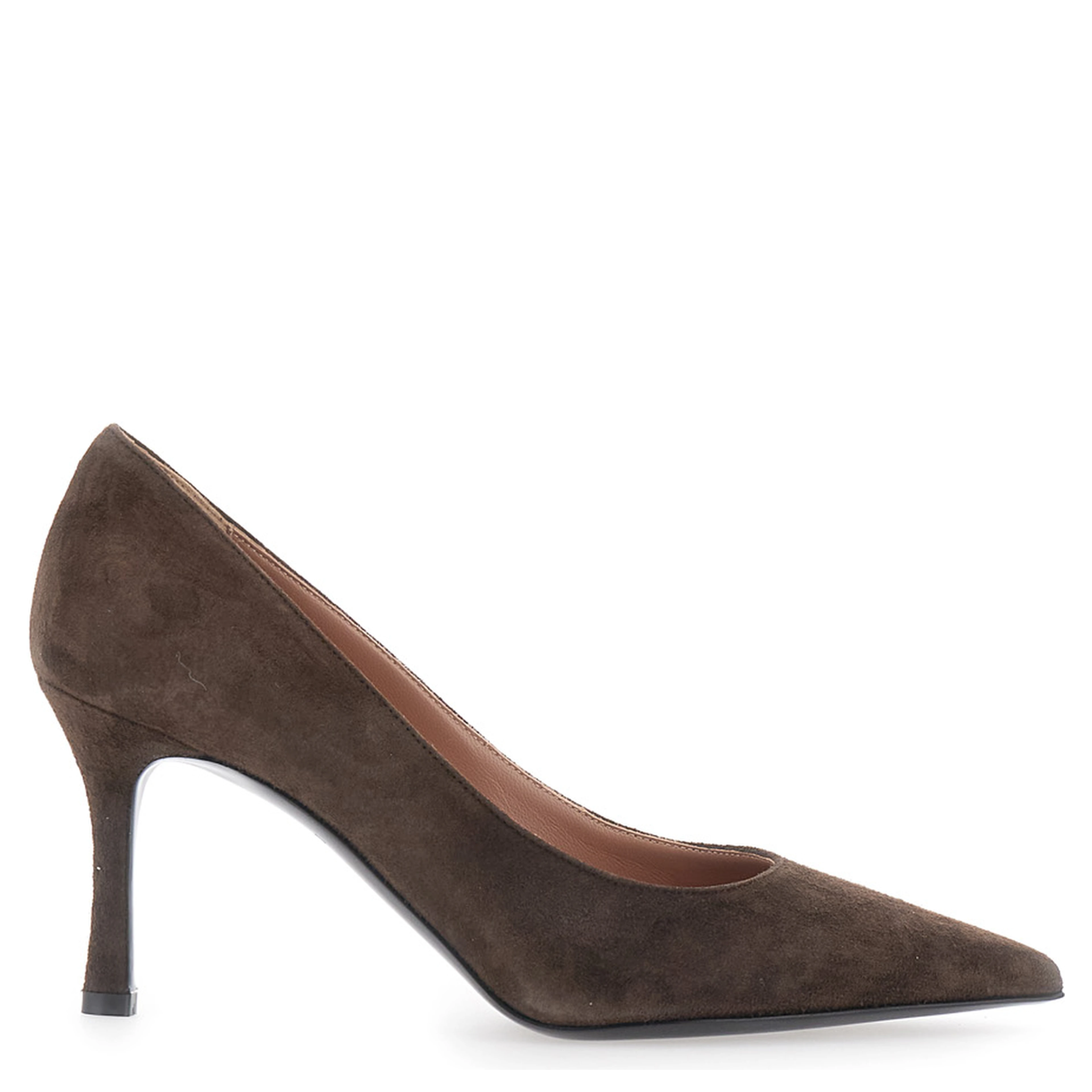 Brown pointed toe pumps in suede for women