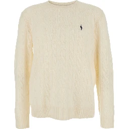 Crewneck Sweater with Braided Knit and Pony Embroidery on the Front in Wool and Cashmere White Men