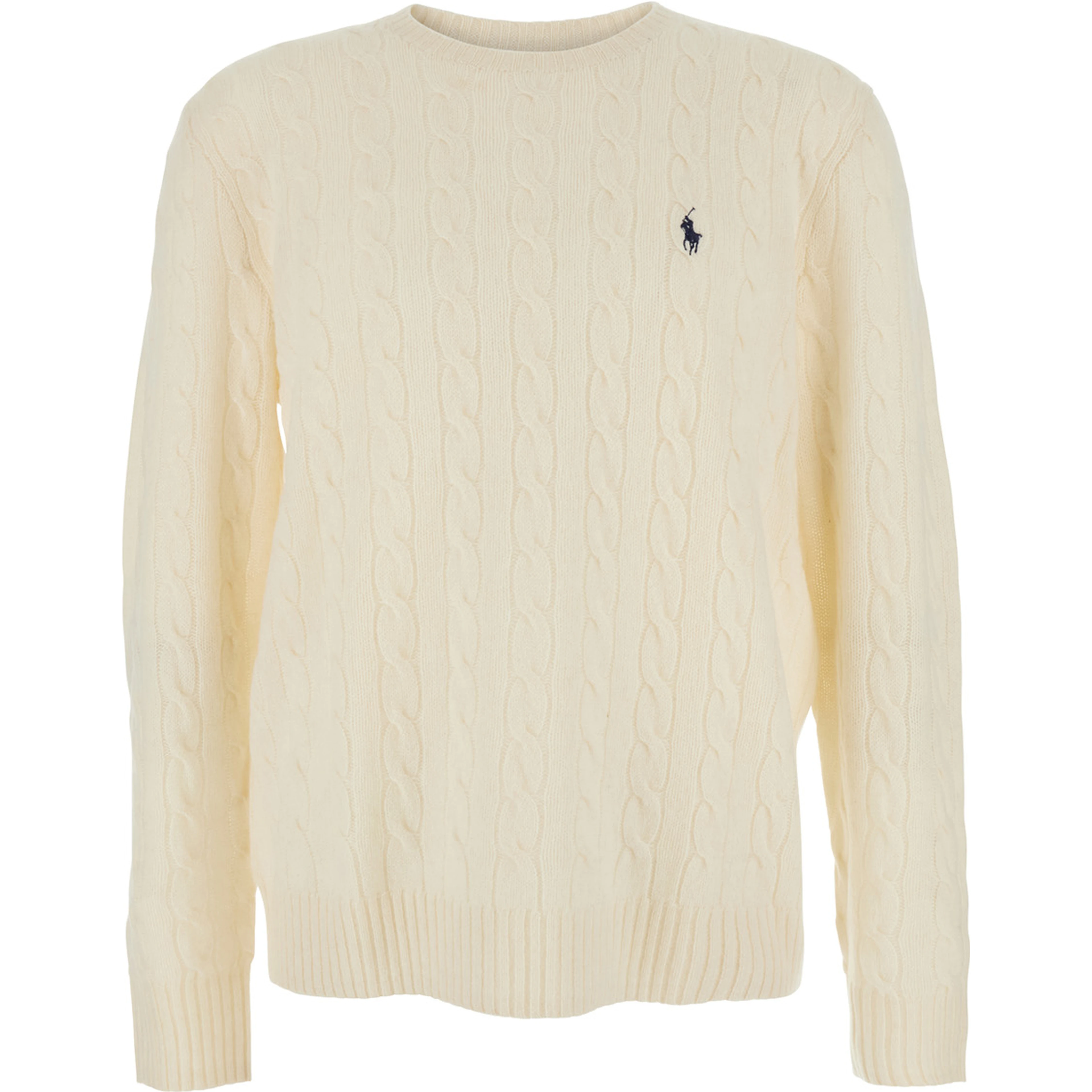 Crewneck Sweater with Braided Knit and Pony Embroidery on the Front in Wool and Cashmere White Men