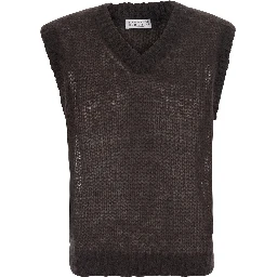 Brown Sleeveless top with V-neck and Monile detail in Blend wool for women