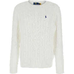 Sweater with Round Neck and Pony Embroidery on the Front in White Cotton for Men