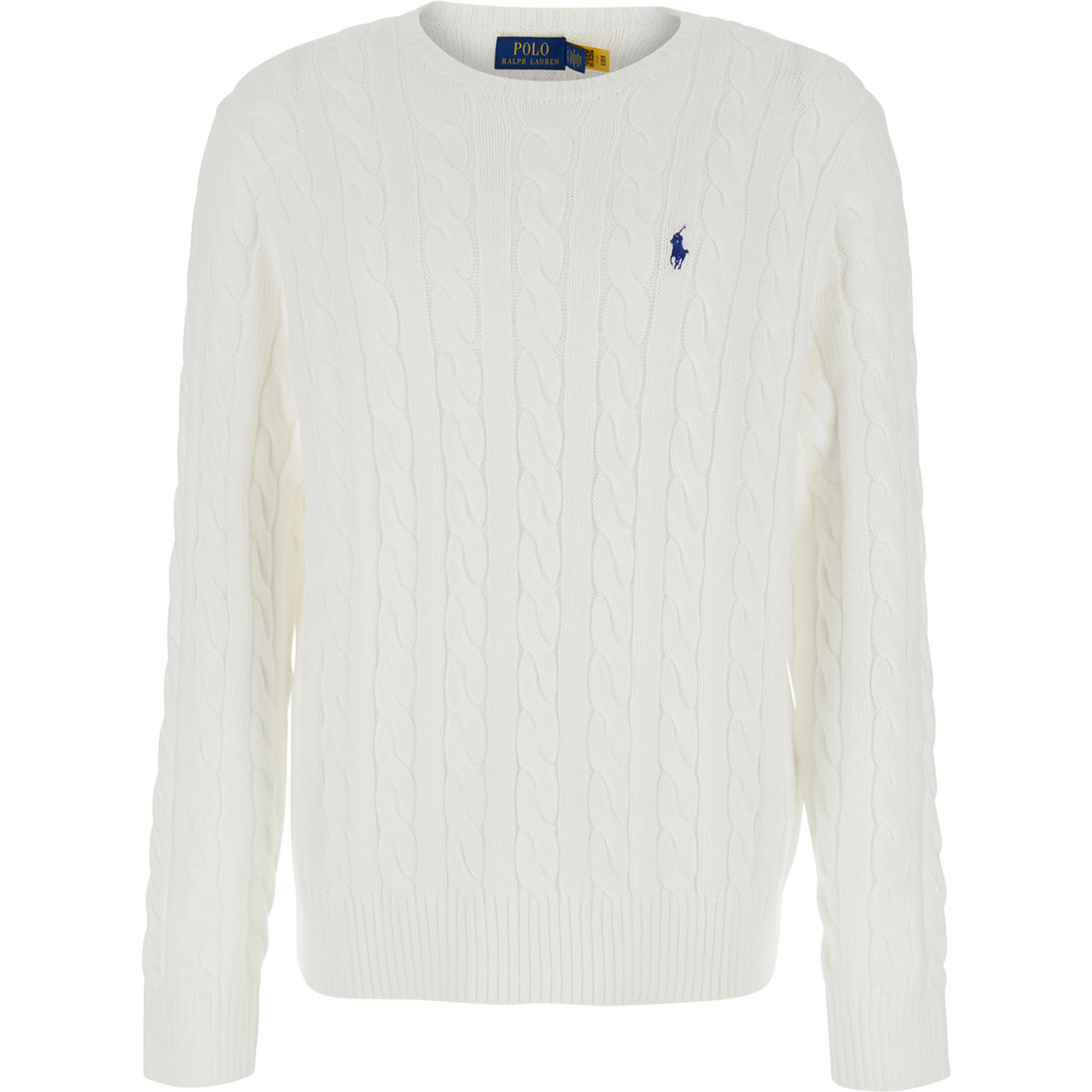 Sweater with Round Neck and Pony Embroidery on the Front in White Cotton for Men