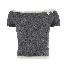grey top with boat neck and bow at the front in wool for women
