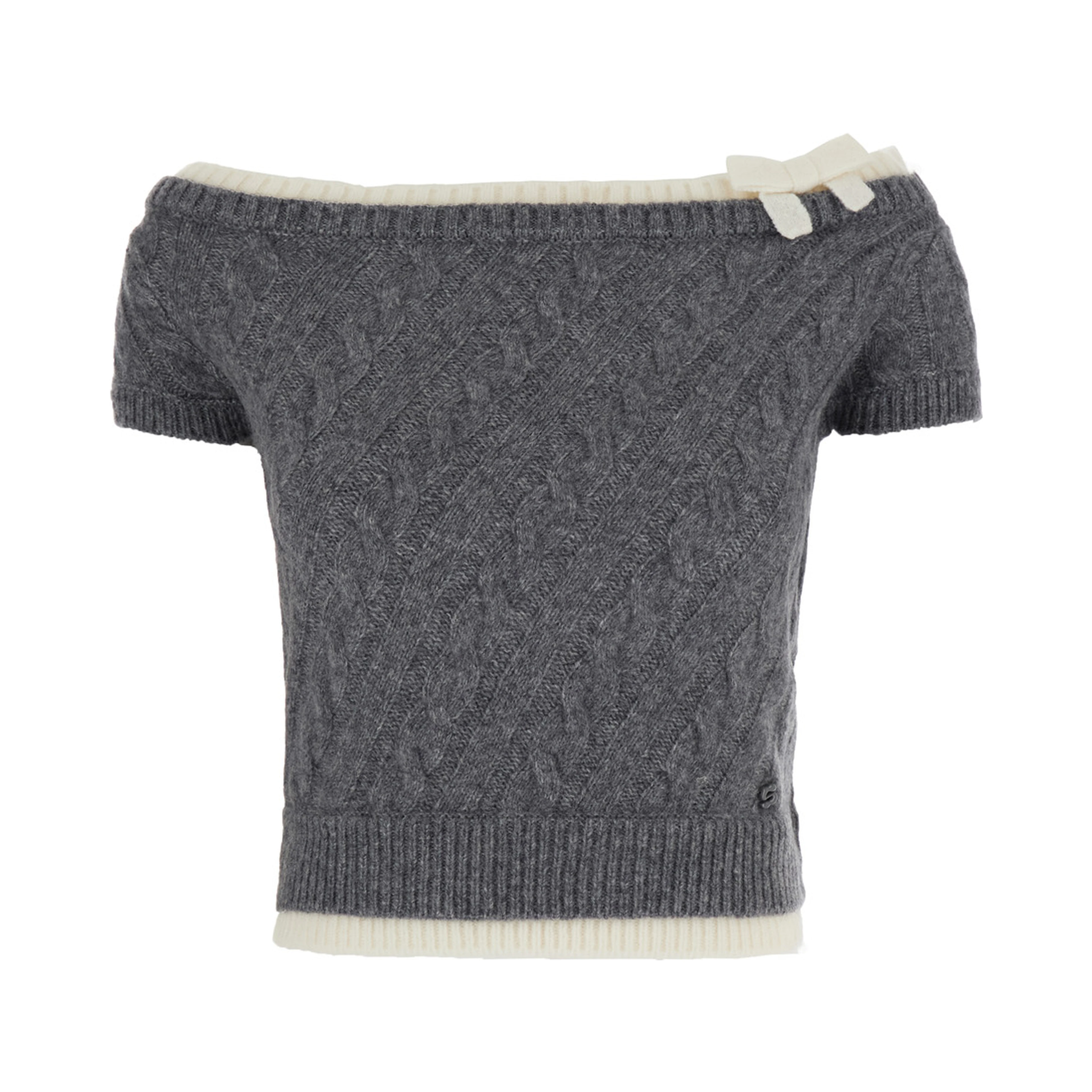 grey top with boat neck and bow at the front in wool for women