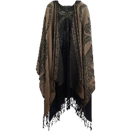 Brown Hooded Cape with All-Over Paisley Motif in Wool for Women
