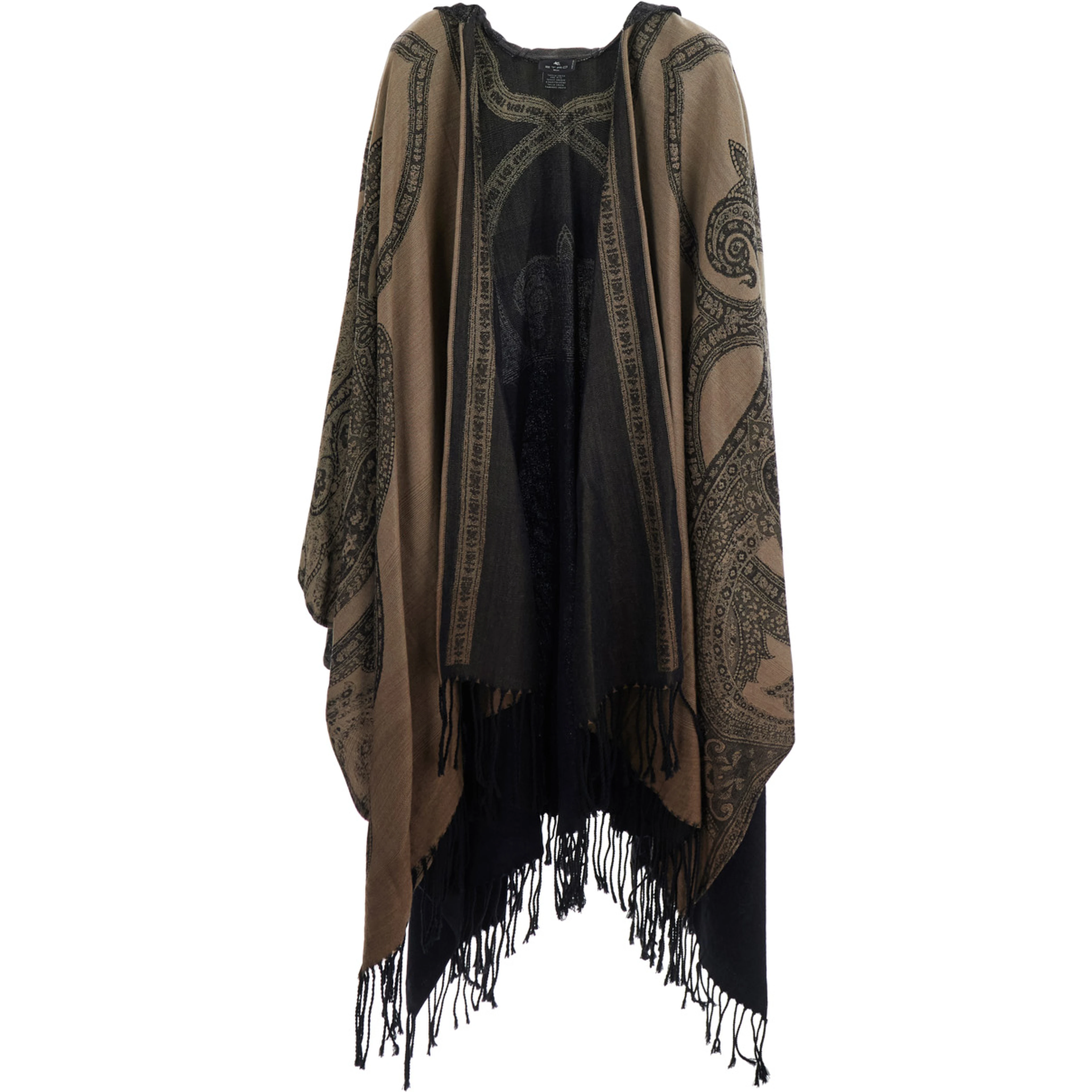 Brown Hooded Cape with All-Over Paisley Motif in Wool for Women