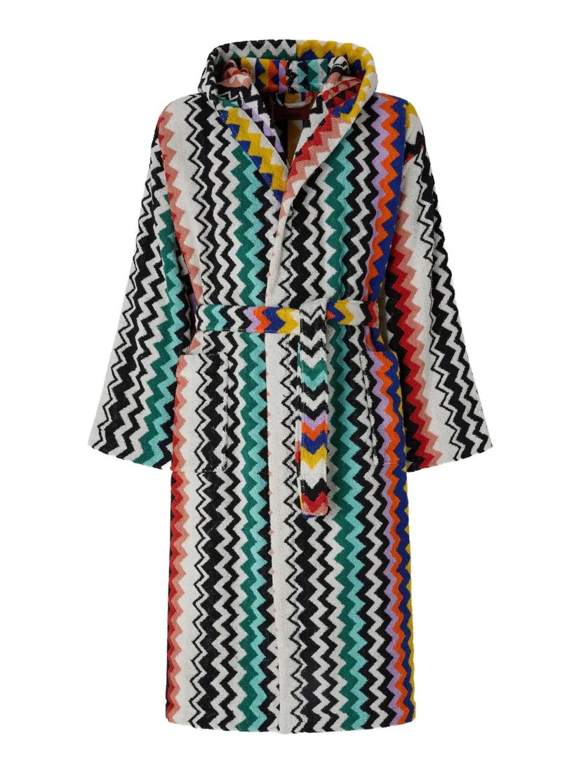 multicolor Hooded bathrobe with all-over Zig-Zag motif in cotton home