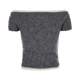 grey top with boat neck and bow at the front in wool for women