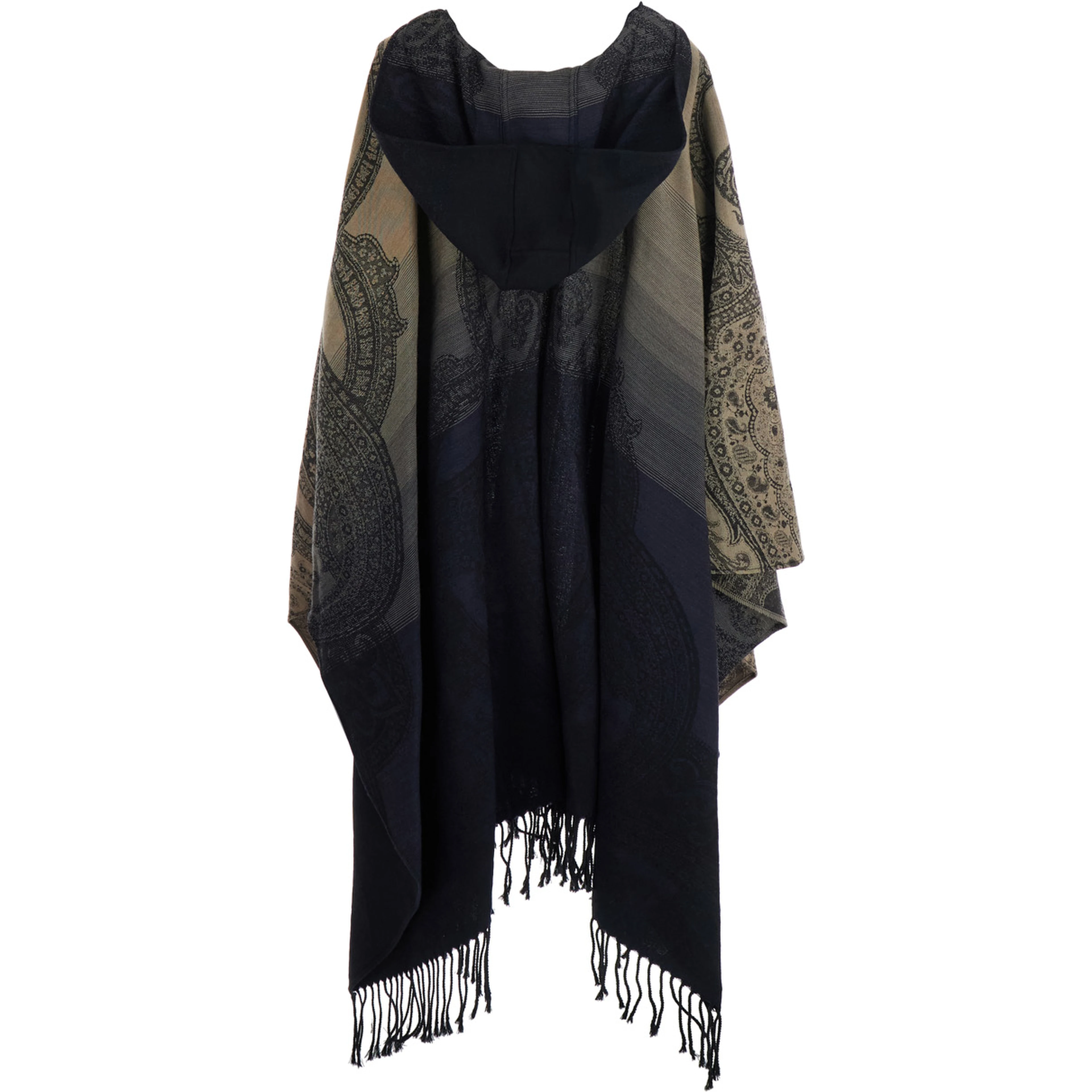 Brown Hooded Cape with All-Over Paisley Motif in Wool for Women