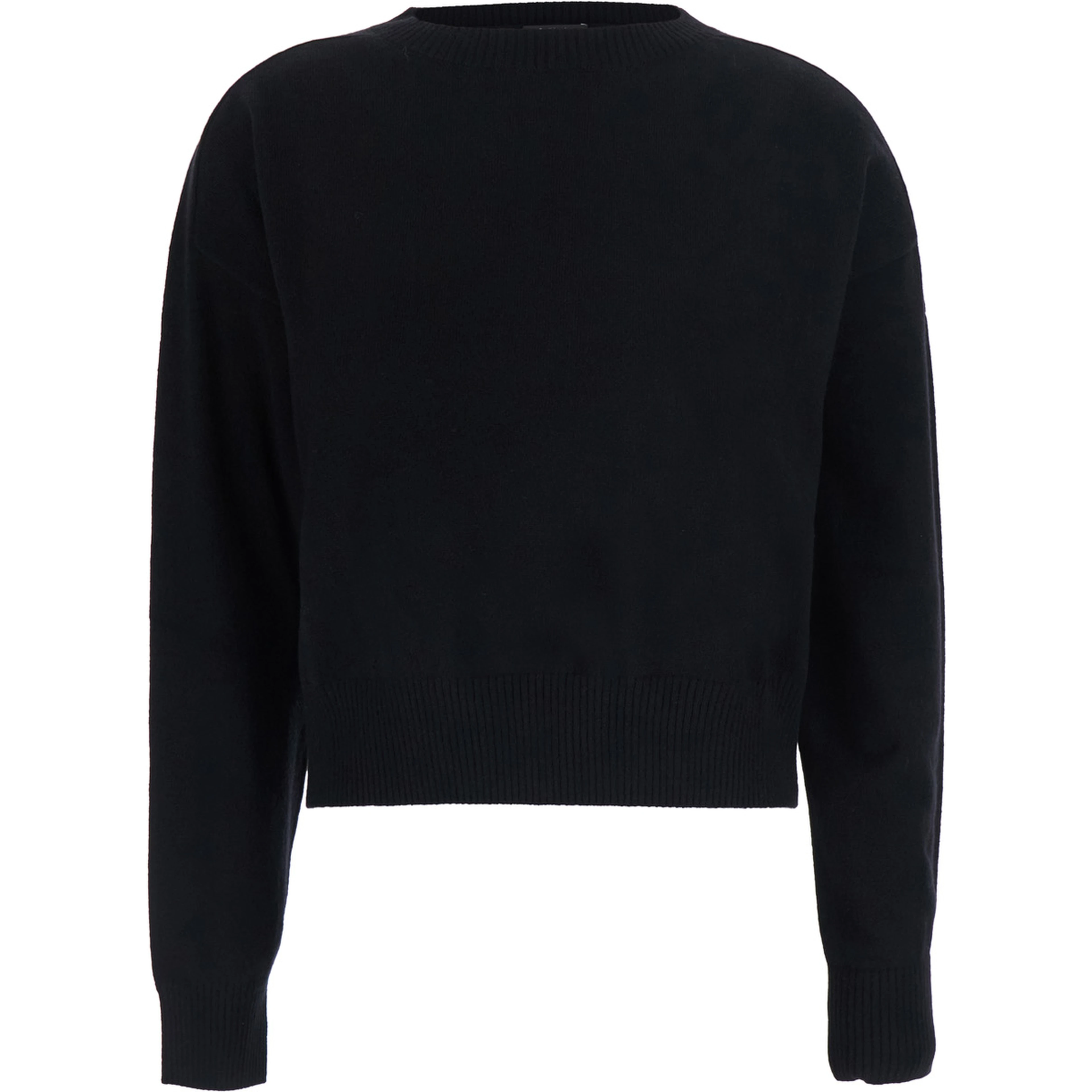 CROPPED ROUND NECK 12GG with round neck and long sleeves in black Cashmere for women